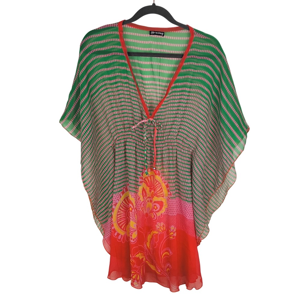 Paradise Women Green Red Floral Sheer Kaftan Tunic Top Small Beach Cover Up